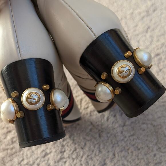 Gucci Marmont White Leather Logo Pearl Heel Embellished Ankle Boots, size US 8.5 - Picture 8 of 11